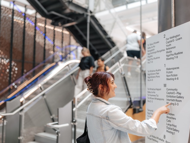 A person in a modern indoor space points at a large directory sign, with stairs, an escalator, and several people moving through the sleek, open area.