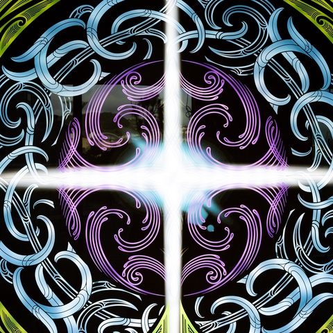 A vibrant circular artwork featuring intricate swirling patterns in blue, purple, yellow, and green surrounds a bright white cross of light at the center, creating a glowing, symmetrical design.