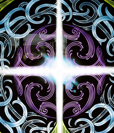 A vibrant circular artwork featuring intricate swirling patterns in blue, purple, yellow, and green surrounds a bright white cross of light at the center, creating a glowing, symmetrical design.